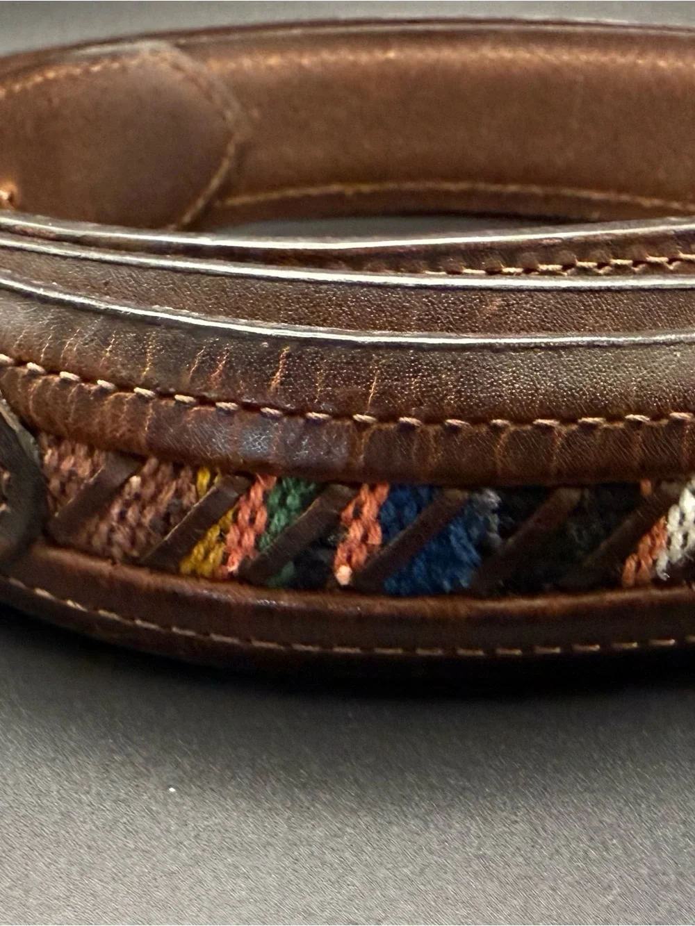 Columbia Brown Leather Belt with Multicolor Woven Accent